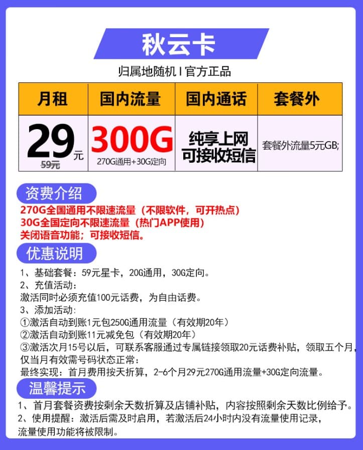 电信秋云卡大流量29元/月+300G国内流量，值得买吗？ 电信流量卡 第1张